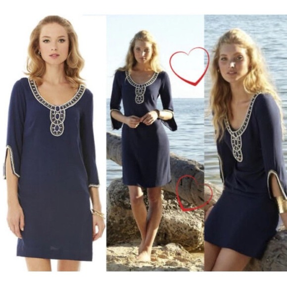 Lilly Pulitzer Womens M Sarah True Navy Beaded Embellished Mini Dress Tunic - Picture 1 of 8